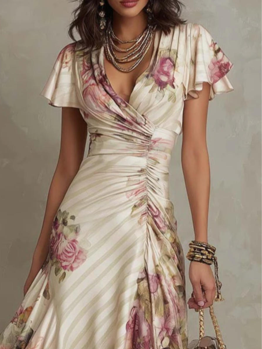 Alba – Vestido de satén floral elegante estilo retro