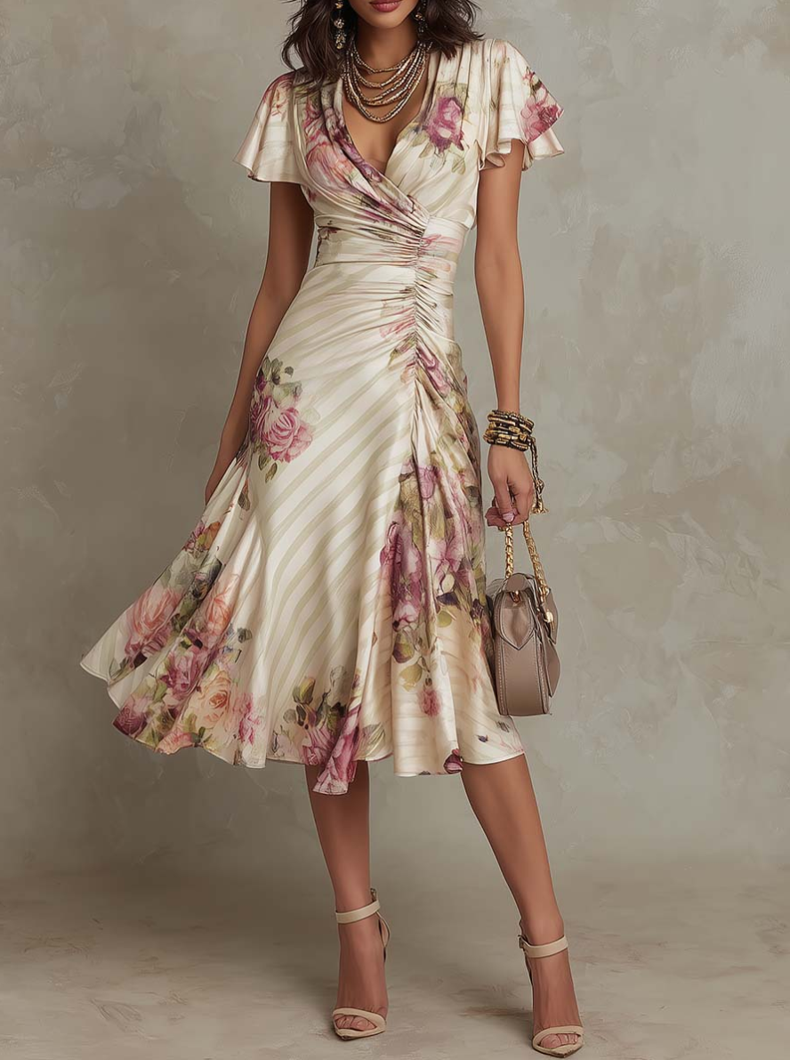 Alba – Vestido de satén floral elegante estilo retro